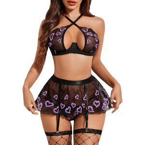 Women Purple Heart Garter Lingerie Set with Underwire 3 Piece Lace High